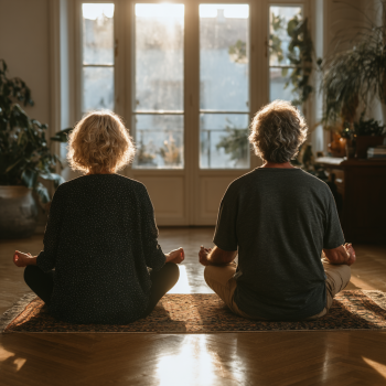 Femeie matură practicând yoga în natură