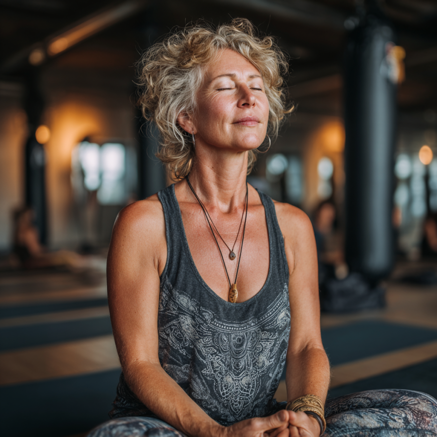 Grup de persoane mature practicând yoga împreună